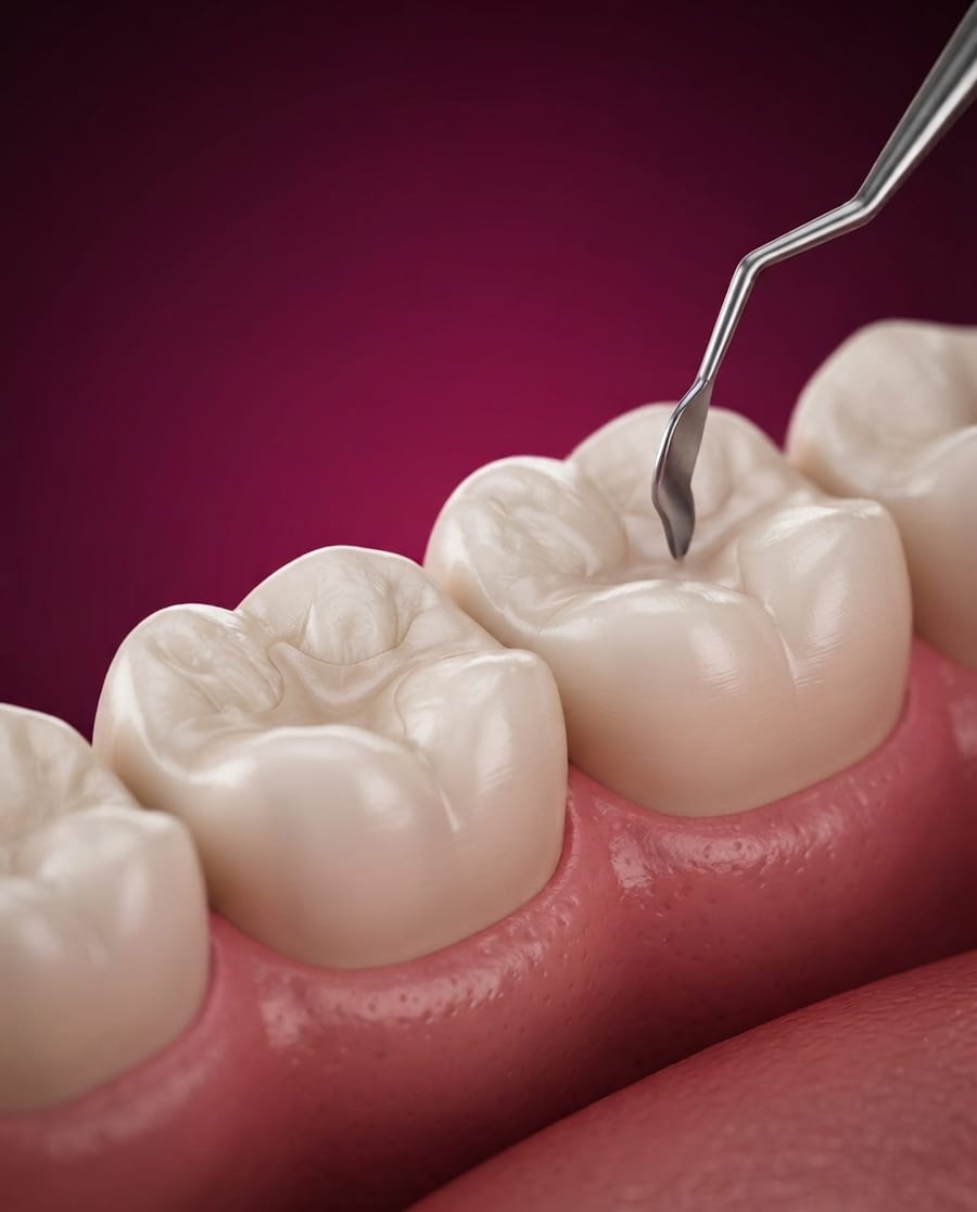 A dentist checking a tooth-coloured filling at Ooi Dan Rakan